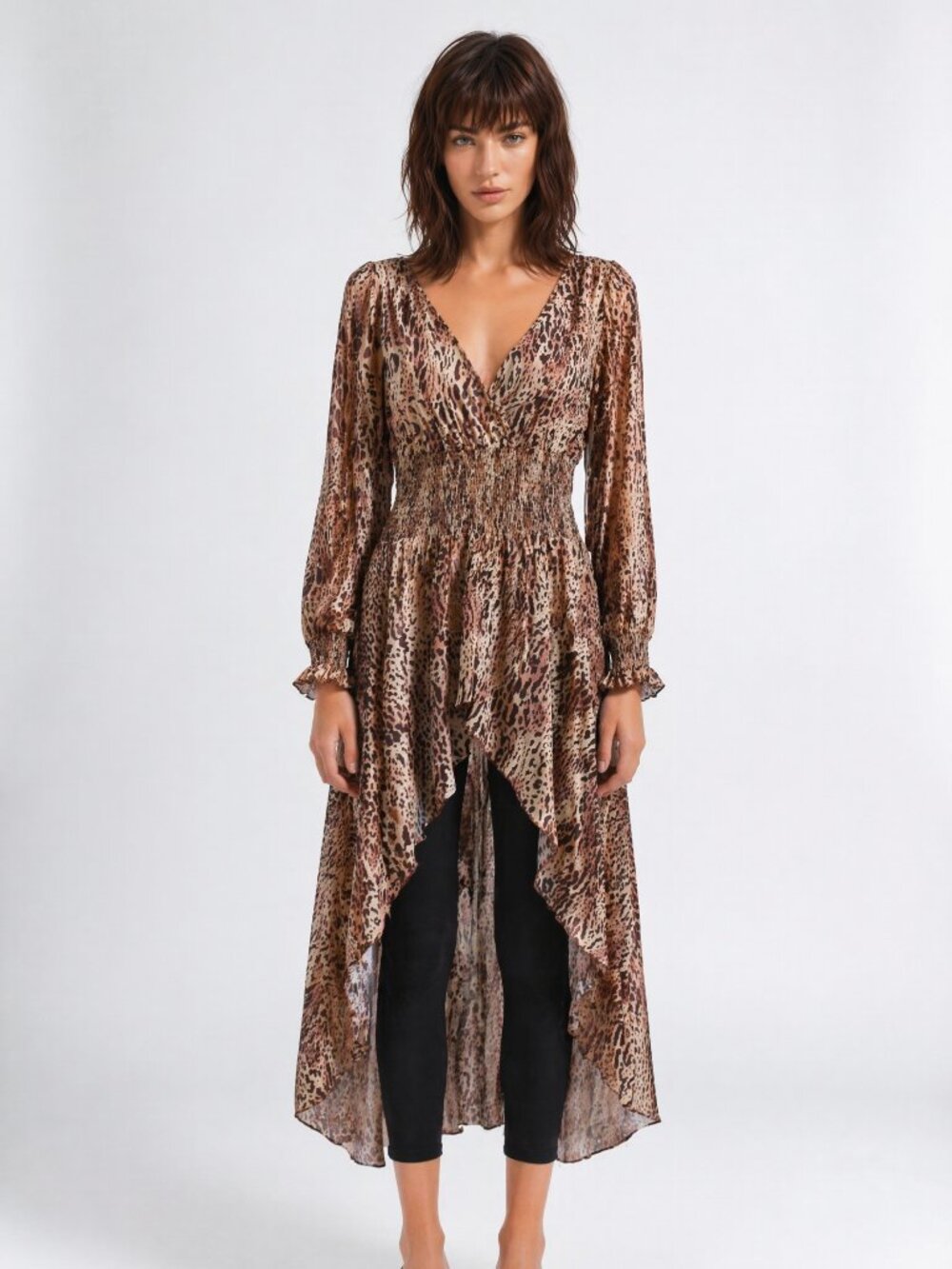 Patrizia Luca Leopard Print Ruched Waist Fit Flare High Low Dress S NWT